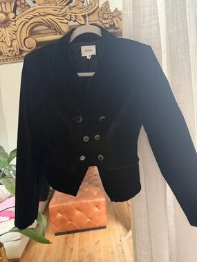 Frame Denim Black Velvet Double-Breasted Blazer Jacket with Gold Buttons